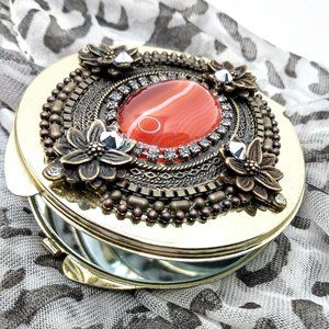 Unique Luxury Mirror Compact. Highly detailed! Deep Red Stone Cabochon.